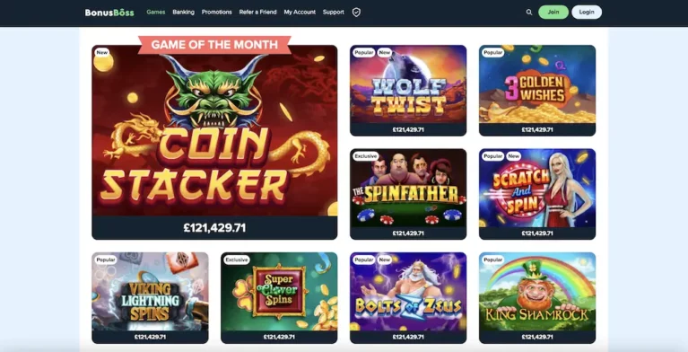 A selection of games available to play at the Bonus Boss Casino