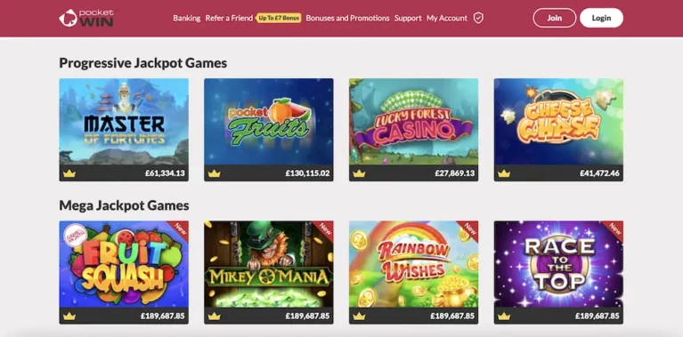 A preview of the slots available to play at the PocketWin Casino